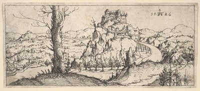 Landskap med høye steiner og festninger, 1546. av Augustin Hirschvogel