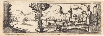 Landskap med innsjø og by, 1545. av Augustin Hirschvogel