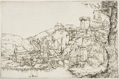 Landskap med elv, by og slott av Augustin Hirschvogel
