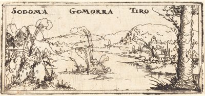 Landskap med tre brennende byer: Sodoma, Gomorra og Tyrus. av Augustin Hirschvogel