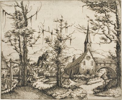 Landskap med kirke og overbygd bro av Augustin Hirschvogel
