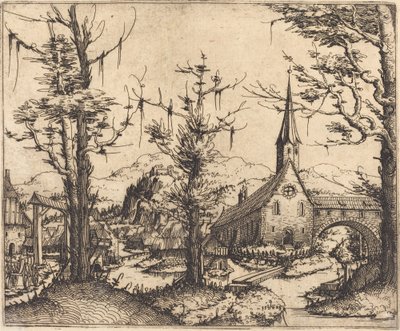 Landskap med en landsbykirke, 1545. av Augustin Hirschvogel