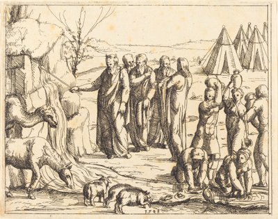 Moses slår klippen. av Augustin Hirschvogel