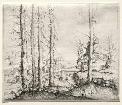 Elvelandskap med fem nakne grantrær i forgrunnen, 1549. av Augustin Hirschvogel