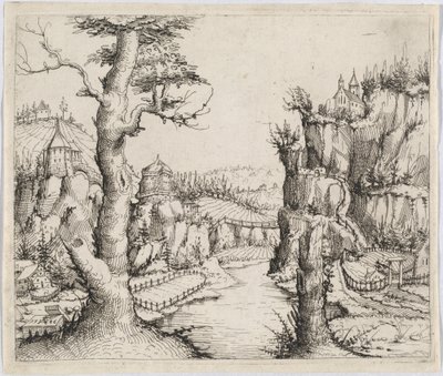 Elvelandskap med høye klipper, 1546. av Augustin Hirschvogel