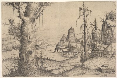 Elvelandskap med stort tre til venstre, 1546. av Augustin Hirschvogel