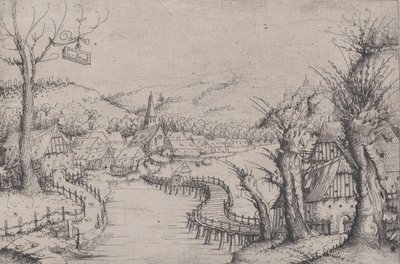 Elvelandskap med tre nakne piletrær til høyre og en lang svingete trebro ved ..., 1546. av Augustin Hirschvogel
