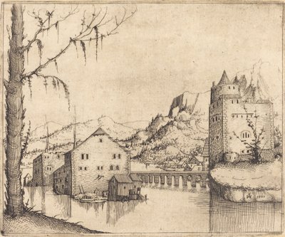 Elvelandskap med to bygninger, 1545. av Augustin Hirschvogel