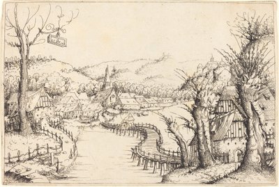 Elvelandskap med trebro, 1546. av Augustin Hirschvogel