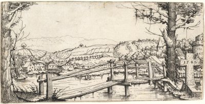Elvelandskap med en gangbro, 1546. av Augustin Hirschvogel