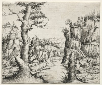 Elvelandskap med steiner til venstre og til høyre, 1546. av Augustin Hirschvogel
