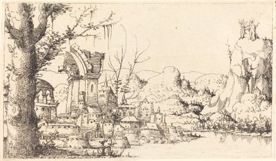 Elvelandskap med Kristi fristelse, 1545. av Augustin Hirschvogel