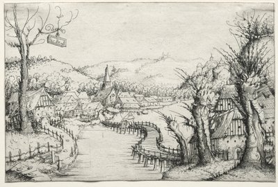 Elvelandskap med tre nakne piletrær til høyre og en lang svingete trebro..., 1546. av Augustin Hirschvogel