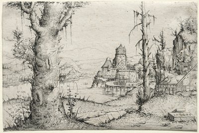Elvelandskap med stort tre til venstre, 1546. av Augustin Hirschvogel