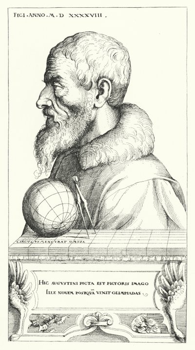 Selvportrett av Augustin Hirschvogel, tysk kunstner, matematiker og kartograf (gravering) av Augustin Hirschvogel