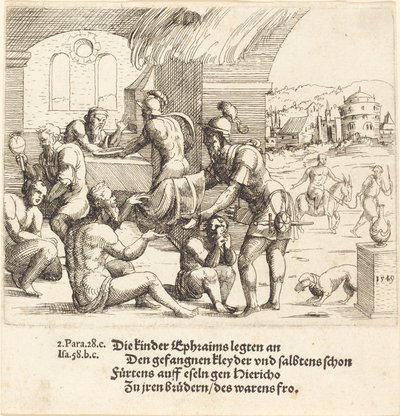 Mennene fra Ephraim bryr seg om sine fanger og returnerer dem til Jerico, 1549. av Augustin Hirschvogel