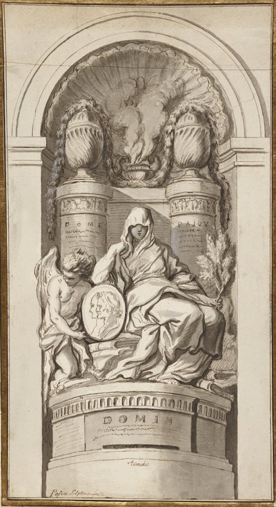 Study for a Funerary Monument, 1750 (svart kritt, penn og brunt blekk, brune og grå vask, hvit forhøyning på to sammenføyde ark) av Augustin Pajou