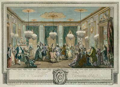 The Evening Dress Ball at House of Monsieur Villemorien Fila, gravert av L. Provost (farget gravering) (se også 84578) av Augustin de (after) Saint Aubin