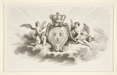 Royal Crest med Fleurs de Lis flankert av engler, reproduksjon fra 1800-tallet av Augustin de Saint Aubin