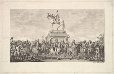 Innvielsen av statuen av Louis XV, Vignette på side 1, fra Description des Trava..., 1766. av Augustin de Saint Aubin