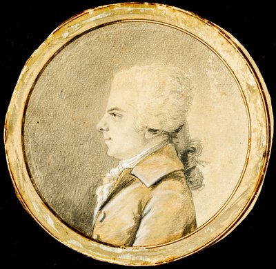 Wolfgang Amadeus Mozart - Augustin de Saint-Aubin (1736-1807). Sanguine, svart kritt og hvit farge på papir, ca 1778. Dimensjon : D 13,8 cm. Privat samling av Augustin de Saint Aubin
