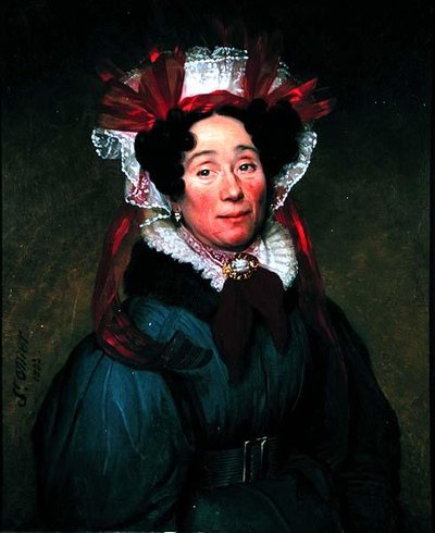 Portrett av en dame med rød og hvit panser av Augustine Cochet St. Omer