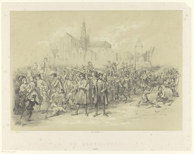Retorikere deler ut brosjyrer fra De Rederijkers 1500 (tittel på objekt) av Augustinus Jacobus Bernardus Wouters