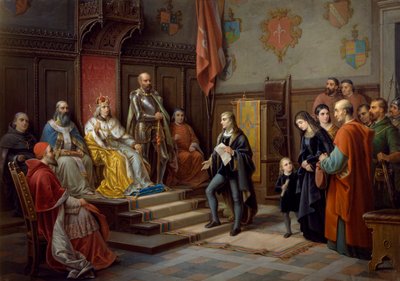 Frederick III, blir presset til å marsjere mot tyrkere av Trieste-poeten Raffaele Zovenzoni, maleri av Augusto Tominz (1818-1883) av Augusto Tominz