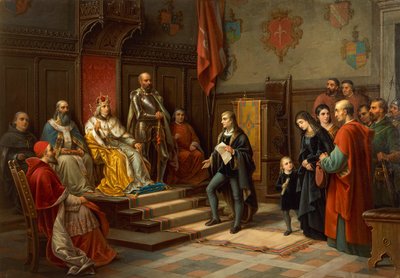 Frederick III, blir presset til å marsjere mot tyrkere av Trieste-poeten Raffaele Zovenzoni, av Augusto Tominz (1818-1883) av Augusto Tominz