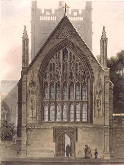 Eksteriør av Merton College, vendt mot nordvinduet til Ante-kapellet, illustrasjon fra 