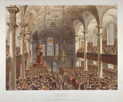 Interiør av Church of St Martin-in-the-Fields, Westminster, London, 1809 av Augustus Charles Pugin, Thomas Rowlandson