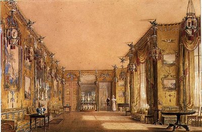 Interiør i den gule salongen i Brighton Pavilion, ca. 1820 (akvarell og gouache på papir) av Augustus Charles Pugin