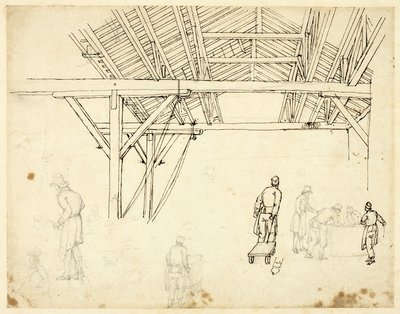 Avvist studie, muligens for en illustrasjon av Custom House, fra Microcosm of London (recto); Skisser av arbeidere med fat (verso) av Augustus Charles Pugin