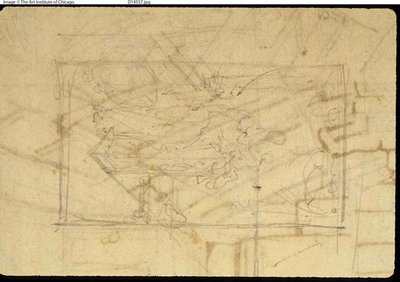 Studie for Exhibition Room, Somerset House, fra Microcosm of London (recto); Skisse av et maleri: Madonna og barn (verso) av Augustus Charles Pugin