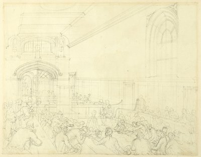 Studie for Guild Hall, Examination of a Bankrupt Before His Creditors, fra Microcosm of London av Augustus Charles Pugin