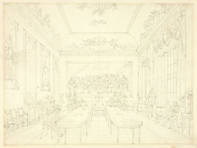 Studie for Trinity House, fra Microcosm of London (recto); Arkitektonisk skisse av rekkehusfasader (verso) av Augustus Charles Pugin