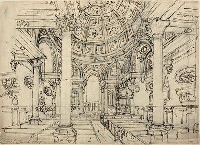 Studie for Walbrook Church (recto); Skisser av seilbåter, menn og joller (verso) av Augustus Charles Pugin