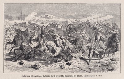 Østerrikske kanoner tatt til fange av prøyssisk kavaleri i slaget ved Skalitz, Böhmen, østerriksk-prøyssisk krig av Augustus J. Beck