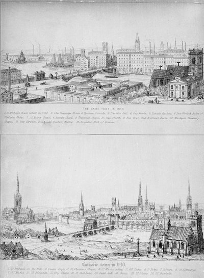 Katolsk by i 1440 og samme by i 1840 av Augustus Welby Northmore Pugin
