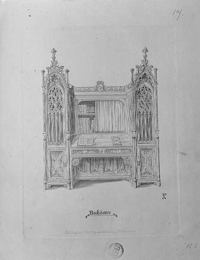 Design for en gotisk bokhylle, ca. 1835 av Augustus Welby Northmore Pugin