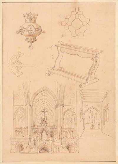 Design for gotisk utsmykning, en kneler og to skisser av interiøret i gotiske kirker av Augustus Welby Northmore Pugin