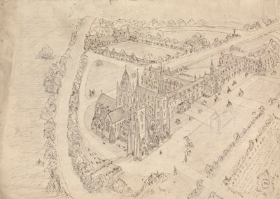 Skisse av en gotisk kirke og kloster av Augustus Welby Northmore Pugin