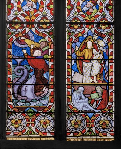 Typer og antityper: Jonah and the Whale, and the Risen Christ, detalj, 1850 (farget glass) av Augustus Welby Northmore Pugin