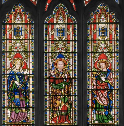 Jomfru og Kristus med hellige, østvindu, detalj, 1847-48 (farget glass) av Augustus Welby Northmore Pugin