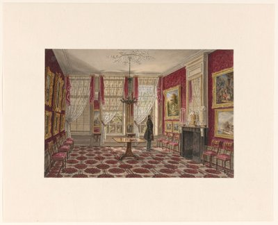Interiør fra 1800-tallet med malerier og stående figur av Augustus Wijnantz