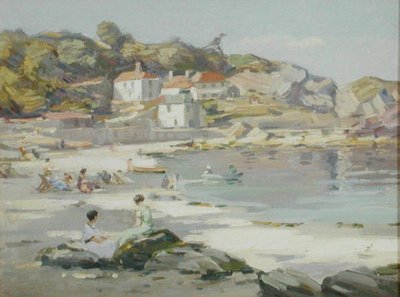 En Cornish Beach (olje på panel) av Augustus William Enness