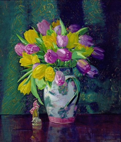 Gule og lilla tulipaner i vase av Augustus William Enness