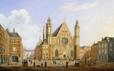 Binnenhof i Haag med utsikt over Ridderzaal med soldater og andre figurer på gårdsplassen av Augustus Wynantz