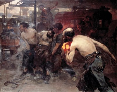 «Arbeidsulykke» En arbeider på en fabrikk blir skadet av en av maskinene og transporterer av kollegene (maling) av Aurelio Arteta Errasti