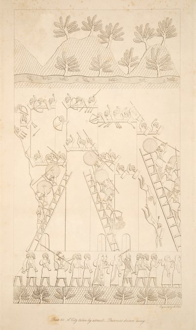 En by tatt av overfall - Fanger drevet bort, fra Monuments of Nineveh, pub. 1849 av Austen Henry Layard